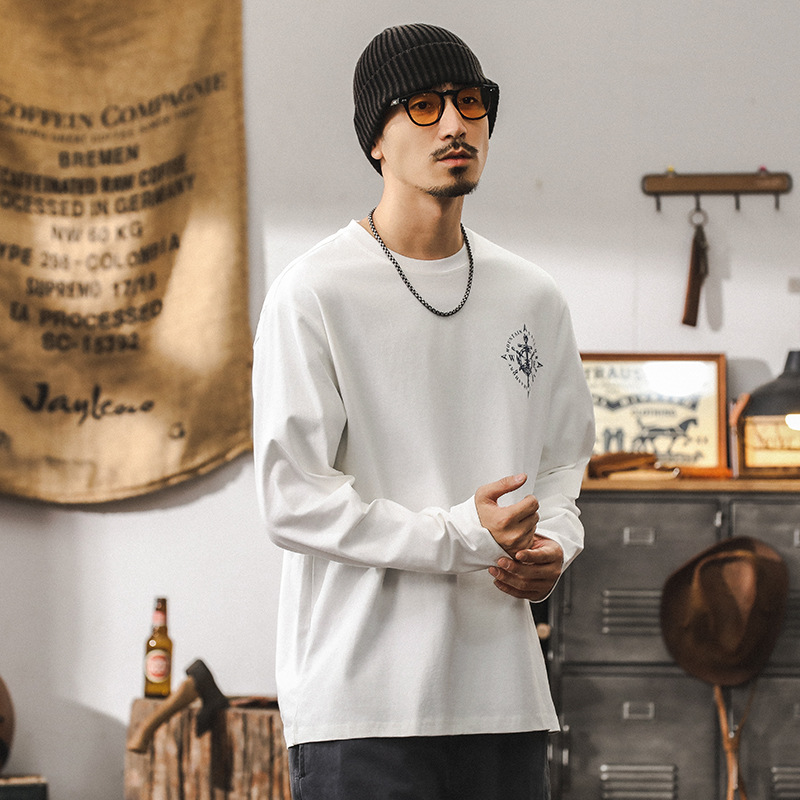 美式重磅長袖T恤男秋季潮牌創意印花體恤男士寬鬆設計感白色上衣T