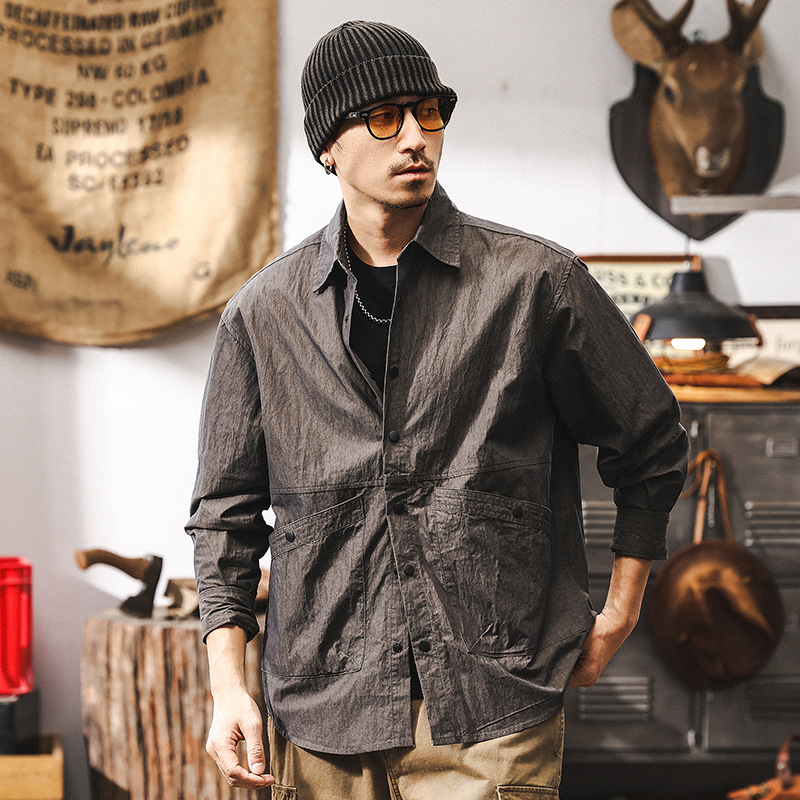 美式山系戶外棉錦工裝襯衫男薄款秋季外套潮牌寬鬆休閒長袖襯衣男