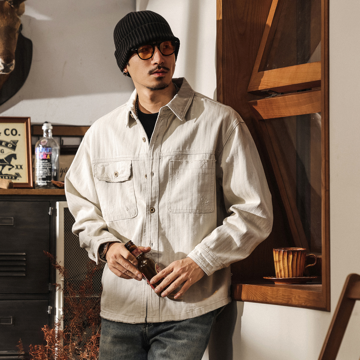 美式復古破壞風人字紋牛仔襯衫男秋季新款寬鬆工裝夾克外套男春秋