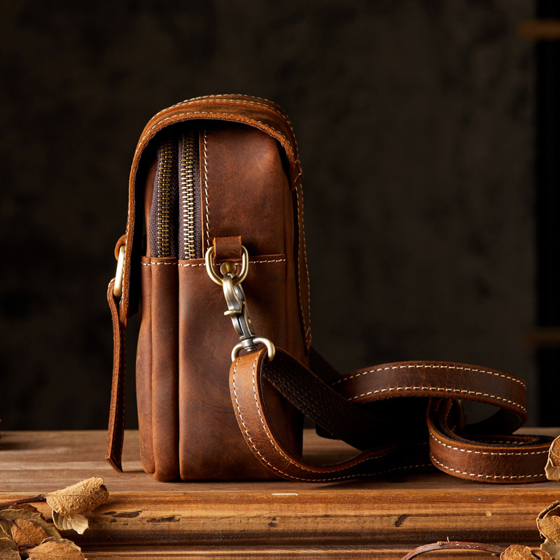 手工原創真皮單肩斜挎包男士休閒輕便穿皮帶純牛皮手機包豎款腰包