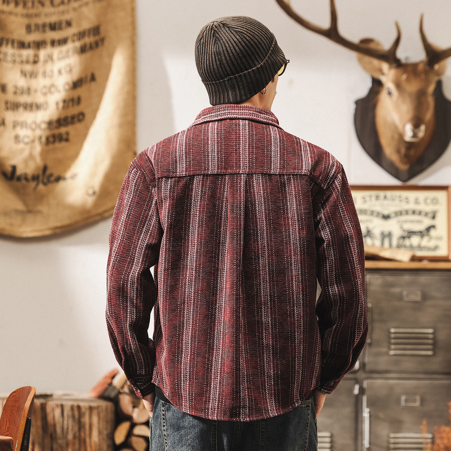 美式復古雪尼爾條紋提花襯衫男春秋新款古着長袖襯衣寬鬆休閒外套