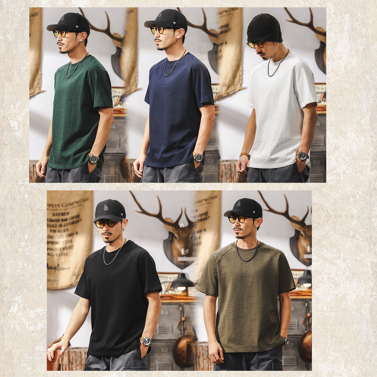 美式復古21支高密竹節T恤男夏季短袖潮牌寬鬆男士插肩袖上衣