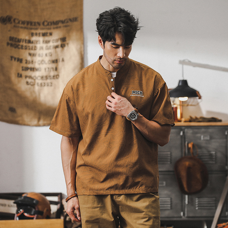 杰雷諾美式復古polo衫短袖男士夏季立領條紋寬鬆潮牌T恤上衣男裝T