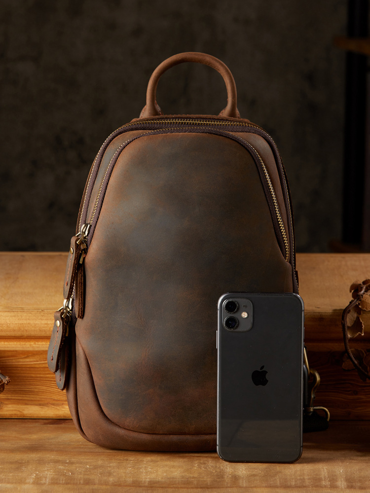 手工復古牛皮胸包男瘋馬皮單肩包斜挎包男士胸前包真皮韓版男包潮