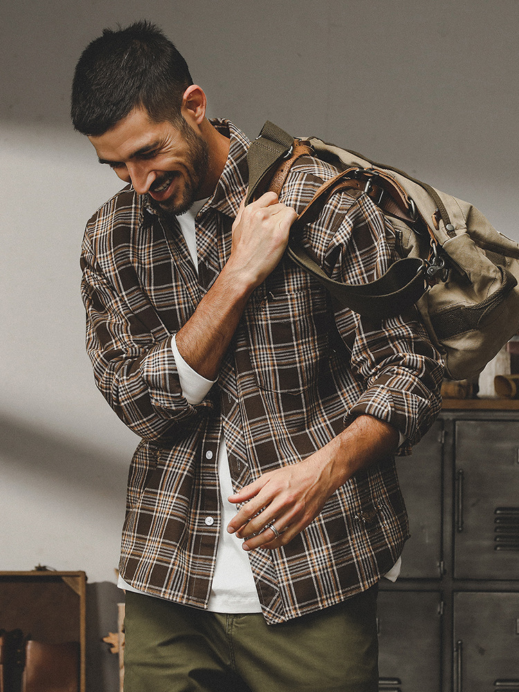 美式復古重磅磨毛格子襯衫男2024春季新款美拉德寬鬆帥氣長袖襯衣