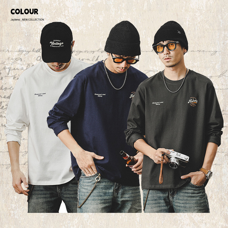 美式260g重磅T恤男長袖2024新款寬鬆簡約印花體恤男男士上衣