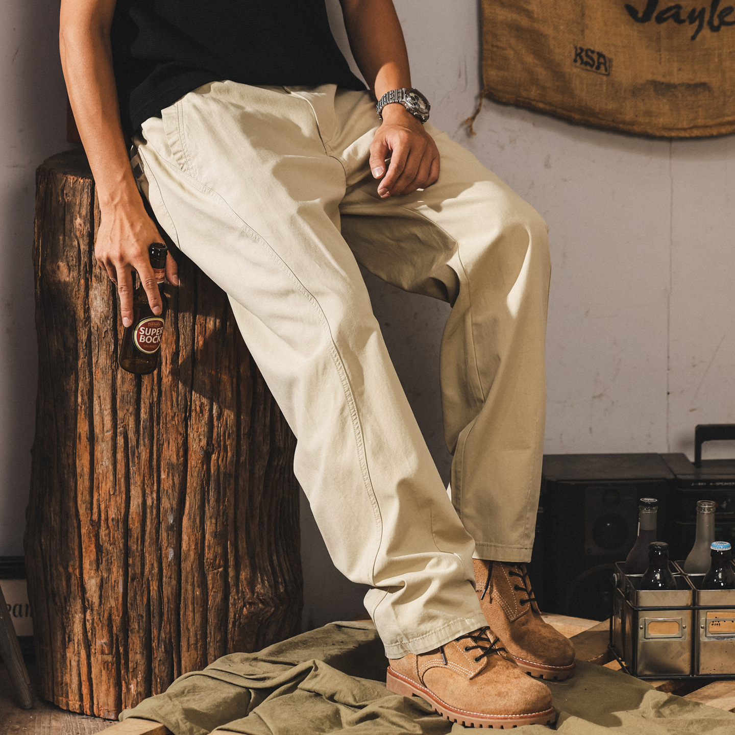 夏季薄款萊賽爾休閒褲男士2025新款潮牌寬鬆直筒卡其色工裝長褲子