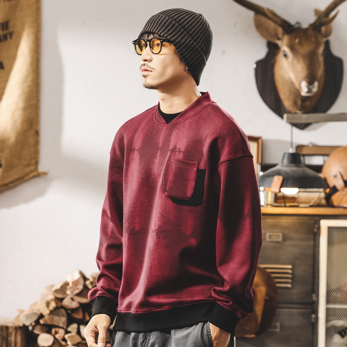 美式復古麂皮絨假兩件360g重磅衛衣男春秋新款潮牌寬鬆大碼上衣男