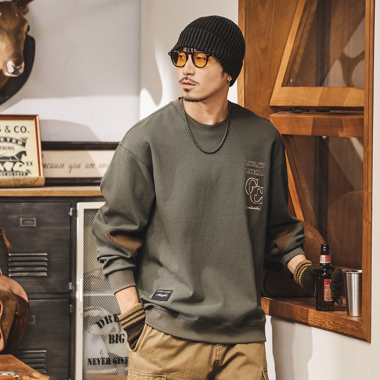 美式復古重磅衛衣男春秋新款潮牌寬鬆休閒上衣秋季圓領長袖t恤男