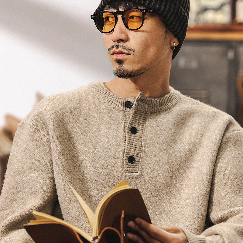 美式復古630g重磅毛衫男冬季亨利領毛衣加厚針織衫外套秋冬款毛衣