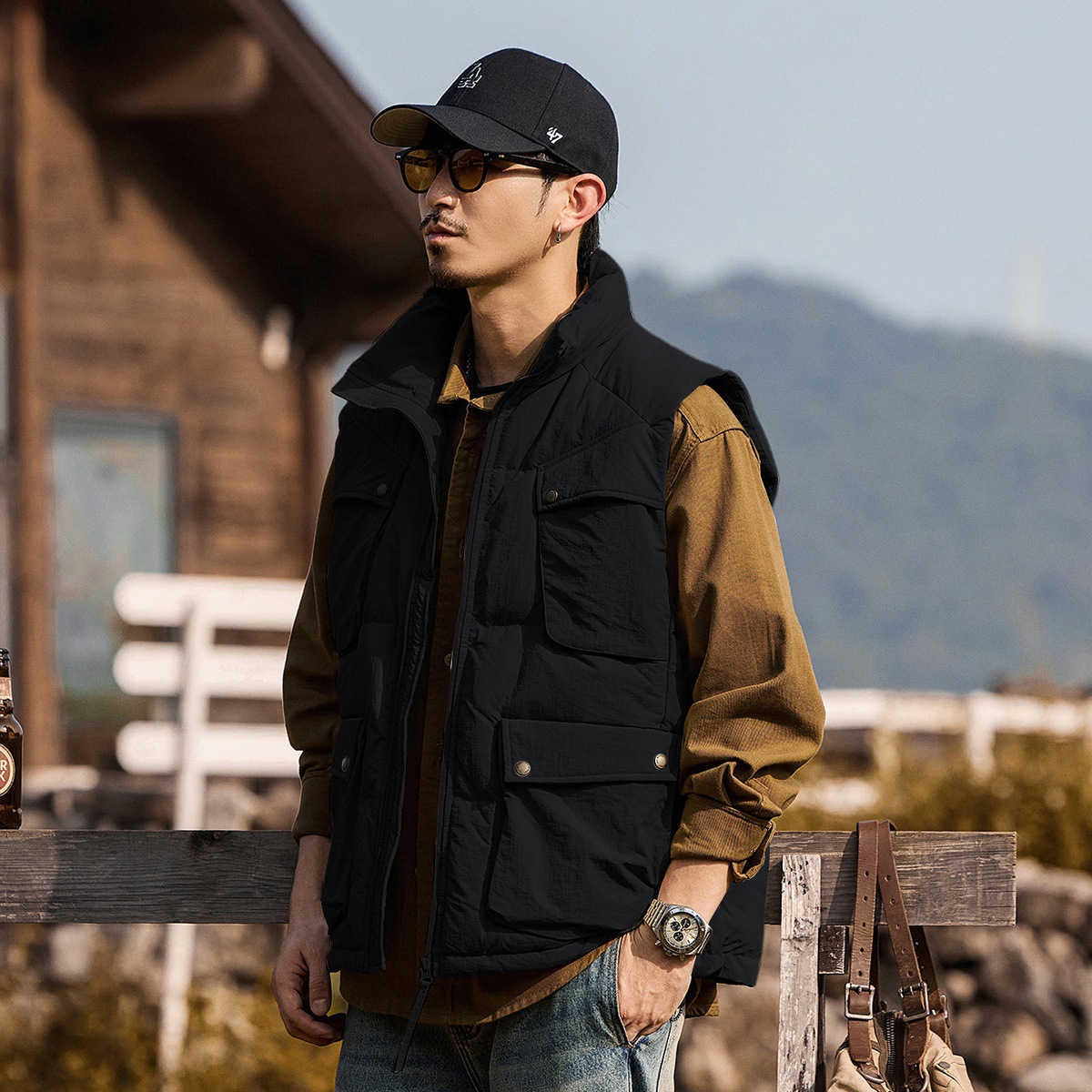 美式復古90%絨工裝羽絨馬甲男冬季山系戶外機能風保暖羽絨服外套