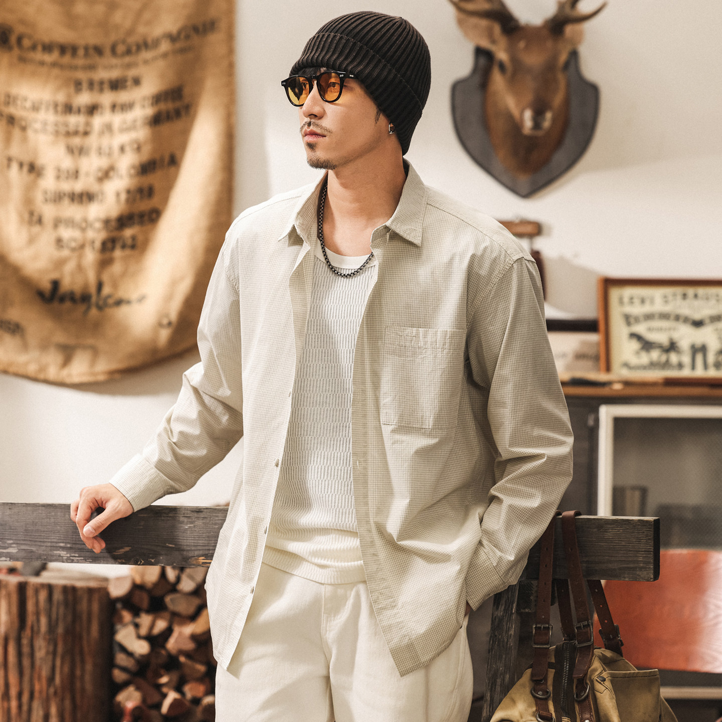 美式復古老錢風薄款千鳥格襯衫男款春季潮流長袖襯衣男士寬鬆外套