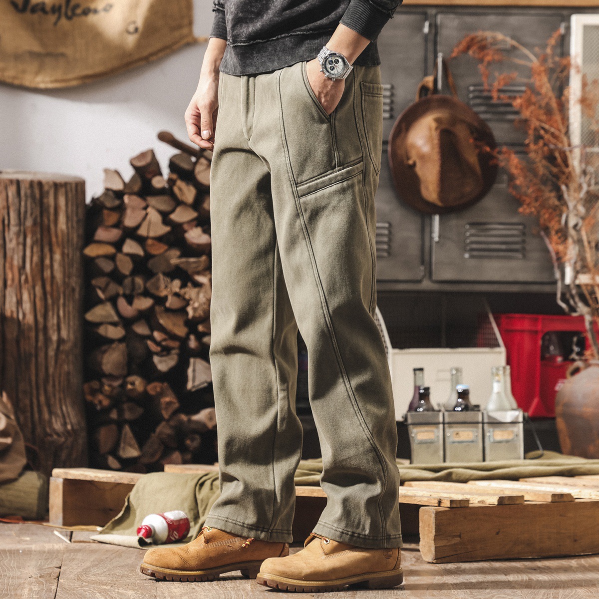 美式復古重磅工裝褲子男款加絨加厚冬季男士褲子直筒寬鬆休閒長褲