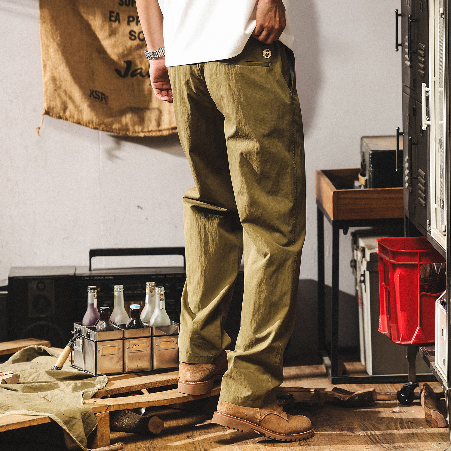 美式復古軍綠色褲子男款夏季薄款速幹工裝褲寬鬆直筒男士休閒長褲