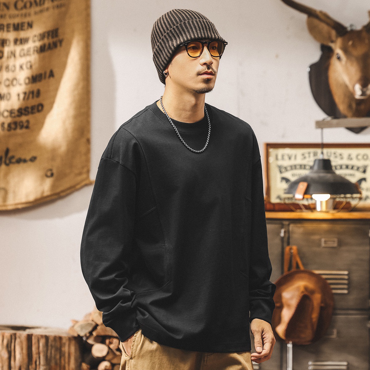 美式復古260g重磅長袖t恤男寬鬆秋季新款大碼男裝簡約基礎上衣男