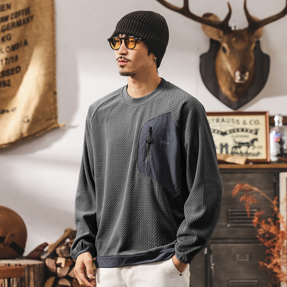 環保可再生戶外通勤波浪紋衛衣男春秋新款美式復古寬鬆長袖t恤男