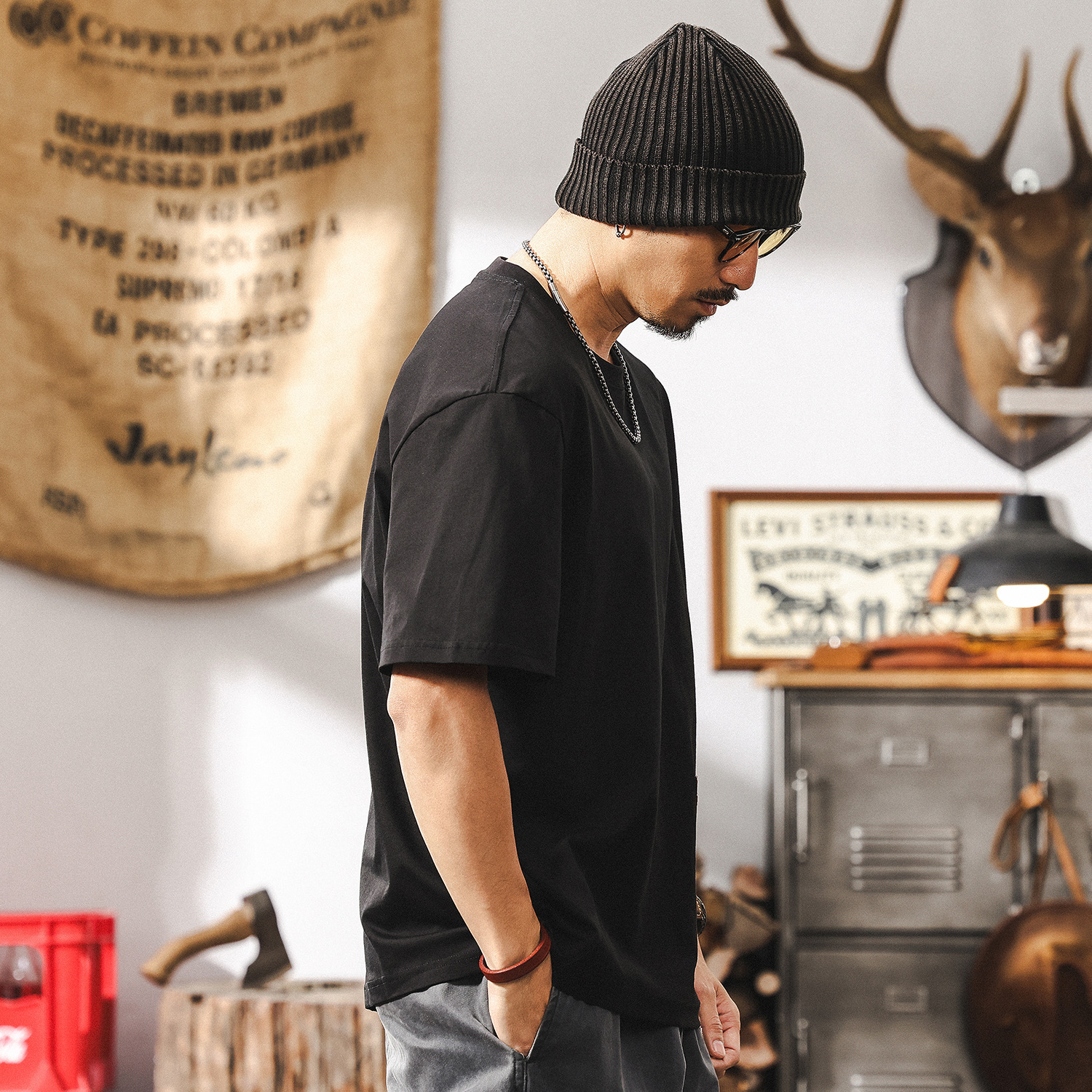 高級感拼接提花T恤男夏季美式短袖2025新款寬鬆潮牌男士半袖