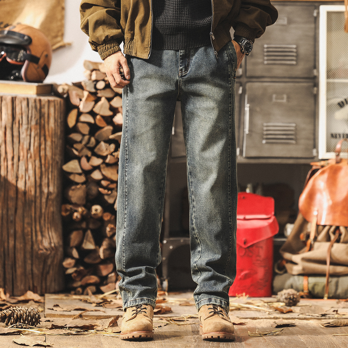 美式復古結構水洗牛仔褲男款寬鬆直筒2025新款秋季潮牌男士休閒褲