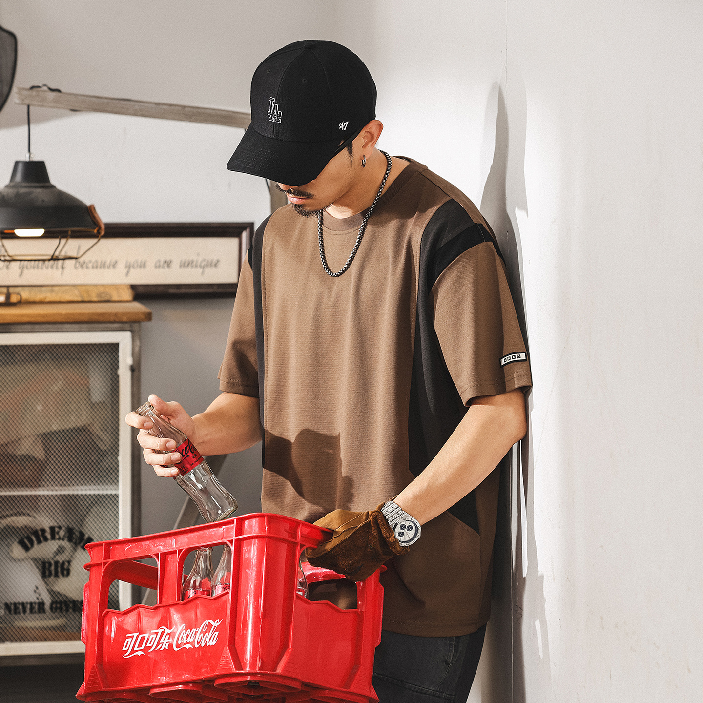 美式復古短袖T恤男夏季新款潮牌拼色寬鬆大碼男士上衣休閒體恤潮T