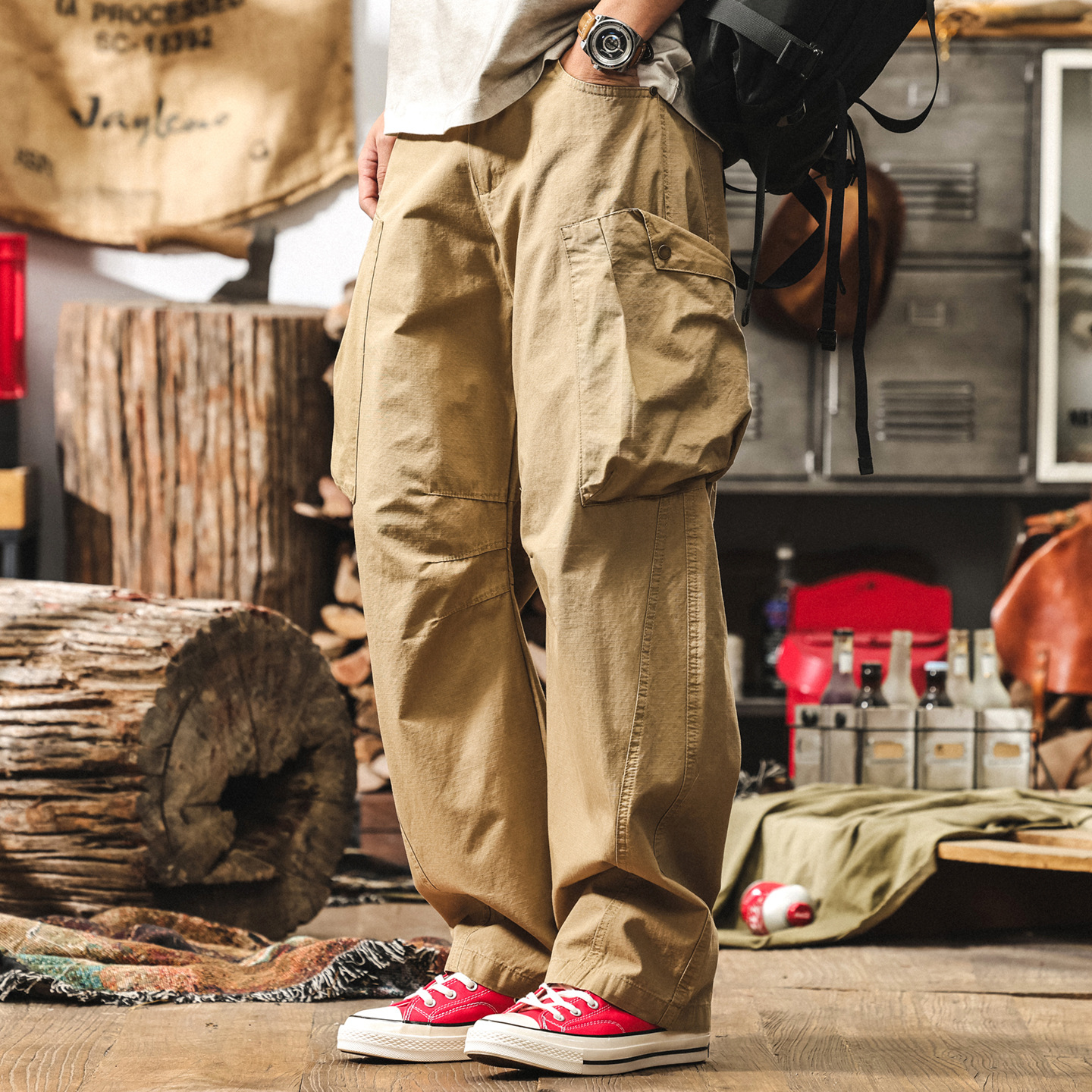 美式復古卡其色彎刀工裝褲子男夏季新款潮牌直筒闊腿褲松休閒長褲