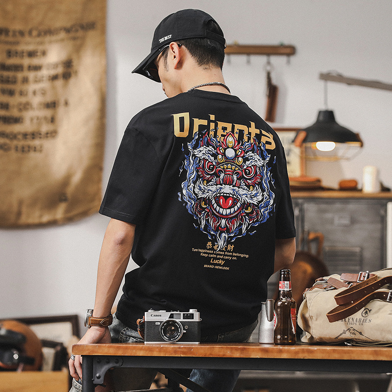 國潮中國風醒獅重磅T恤男夏季短袖男士2024新款潮牌男裝寬鬆上衣