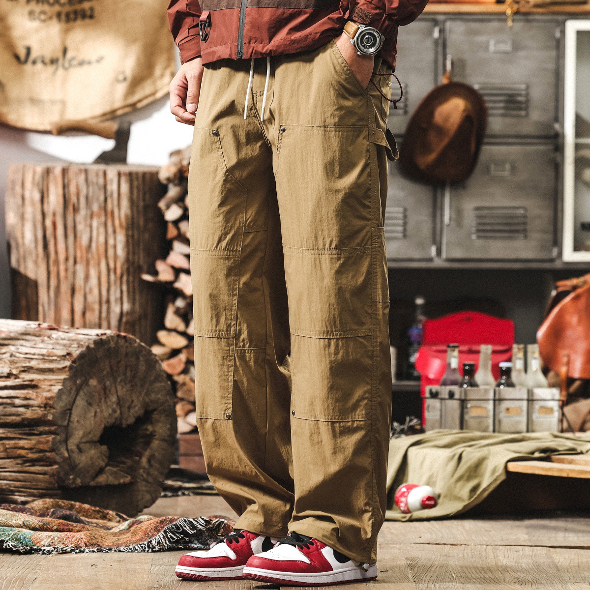 美式復古戶外工裝夏季薄款褲子男寬鬆闊腿褲淺灰色男士休閒伐木褲