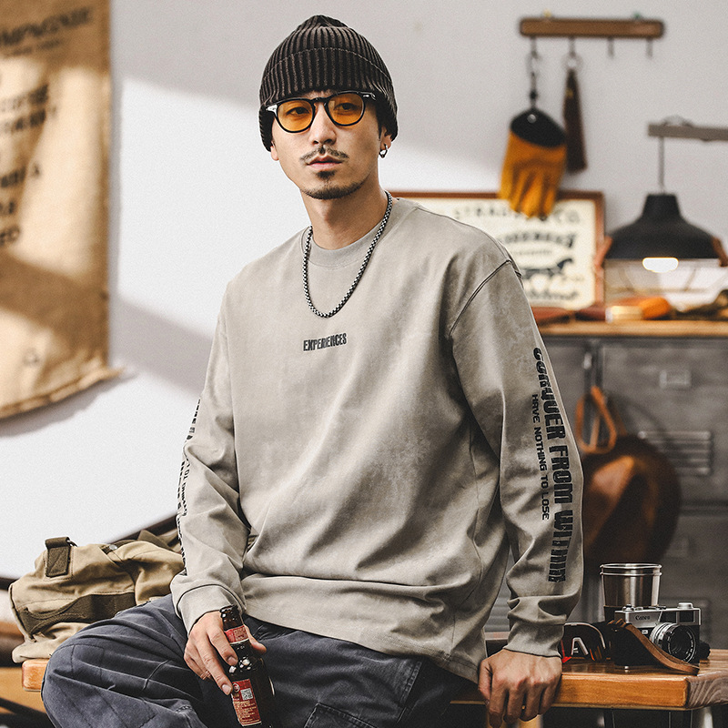 美式複古長袖T恤男春秋季做舊印花上衣T潮牌寬松休閑衣服男款潮流