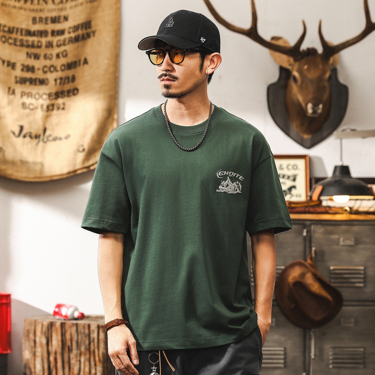 零縮力涼感T恤男短袖夏季美式復古山系印花休閒大碼美式重磅上衣