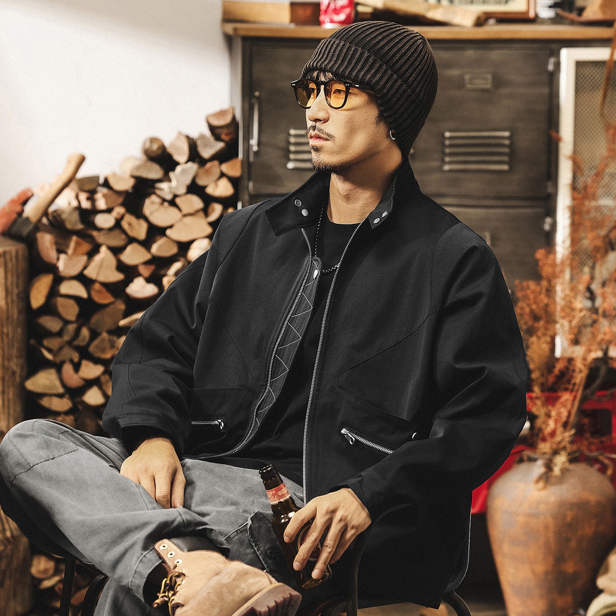 美式復古潮牌機車立領夾克男春秋新款高街痞帥寬鬆工裝飛行員外套