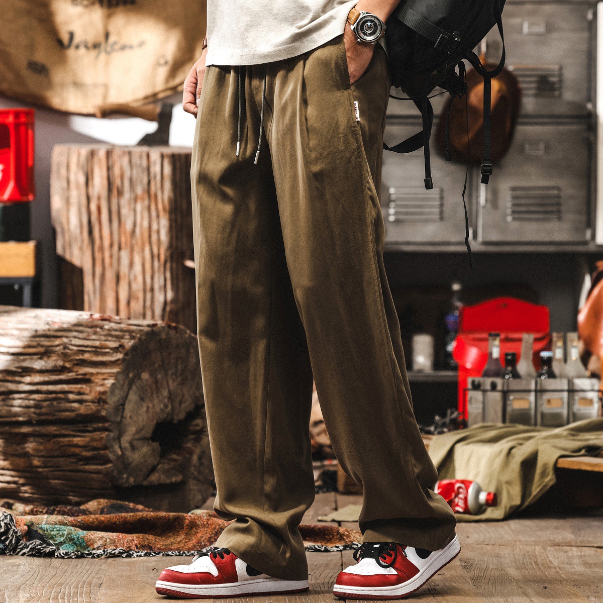 萊賽爾卡其色休閒長褲男款夏季薄款垂感亞麻褲子潮牌寬鬆直筒男褲