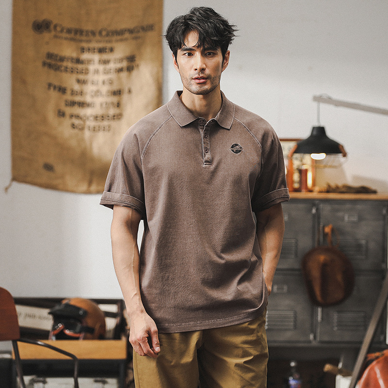 美式復古重磅T恤男式短袖夏季做舊古著上衣寬鬆休閒Polo衫男