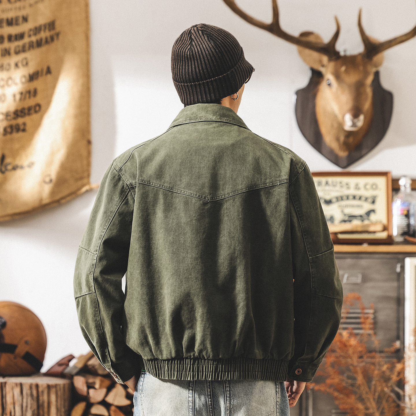 美式重磅復古工裝外套男春秋寬鬆硬漢帥氣潮牌重工水洗教練夾克男