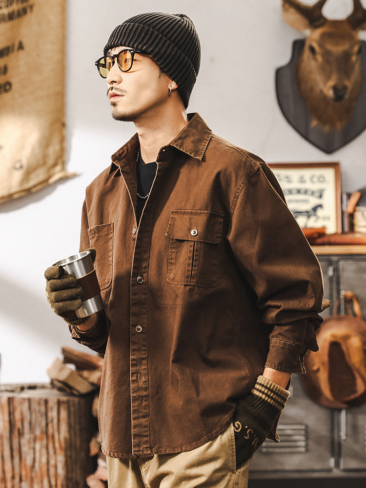 美式復古重磅珠帆工裝襯衫男長袖2025春季新款襯衣夾克男外套