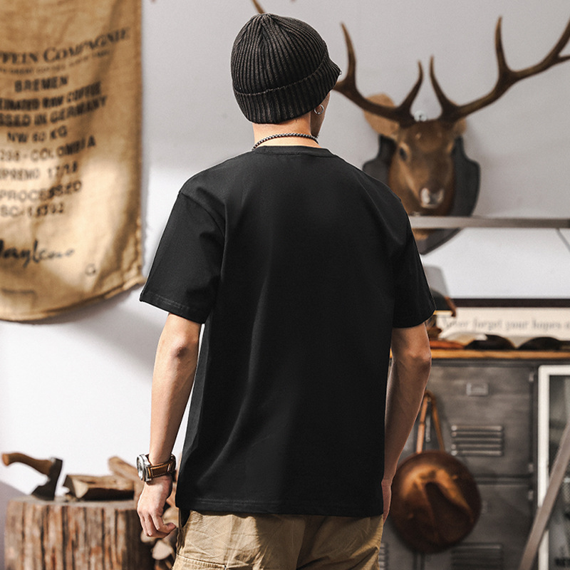 32支雙紗短袖男T恤夏季美式復古寬鬆潮牌字母印花休閒上衣男純棉T