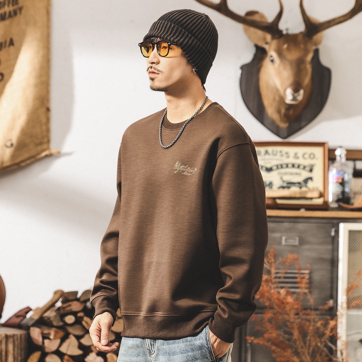 美式復古竹節重磅衛衣男春秋新款潮流彩色刺繡寬鬆大碼男士秋上衣