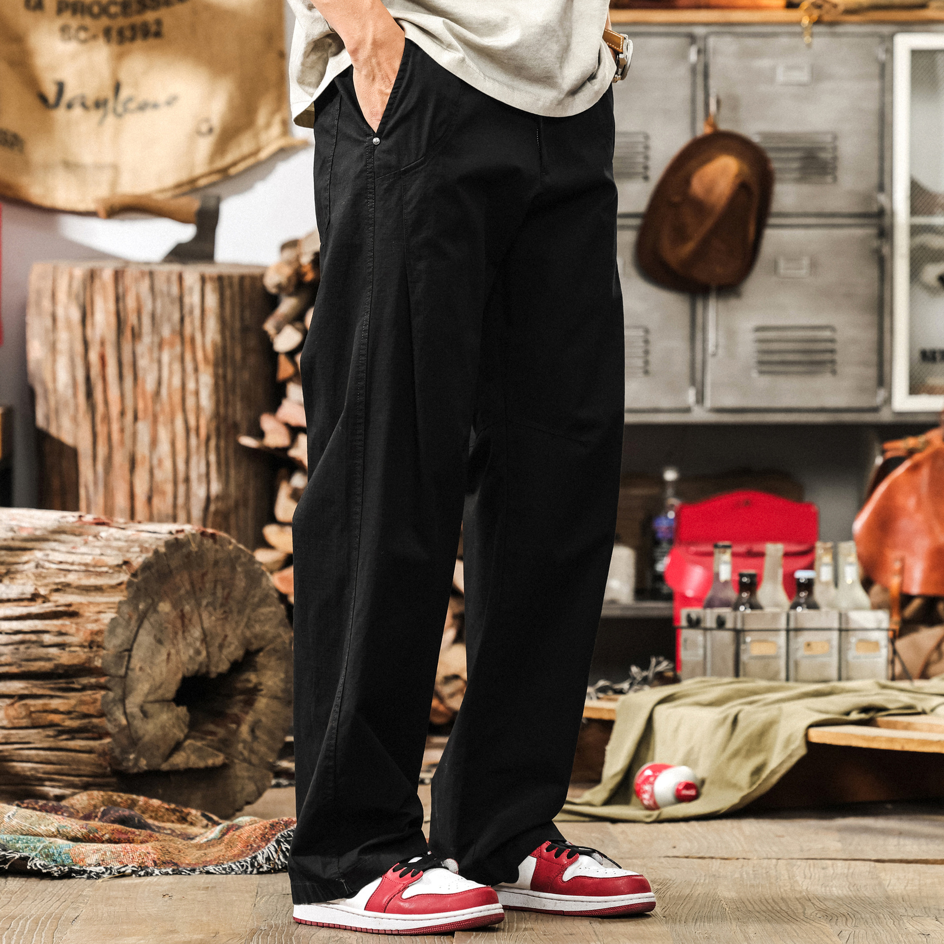 美式復古寬鬆闊腿休閒褲男士夏季直筒長褲子拼接潮牌設計感工裝褲