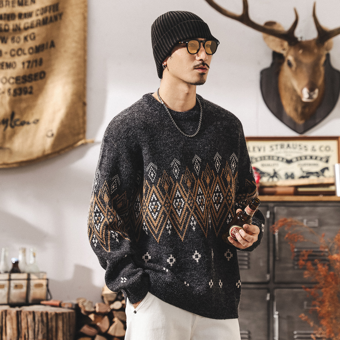 美式復古提花費爾島毛衣男秋冬2025新款潮流民族風寬鬆男士針織衫