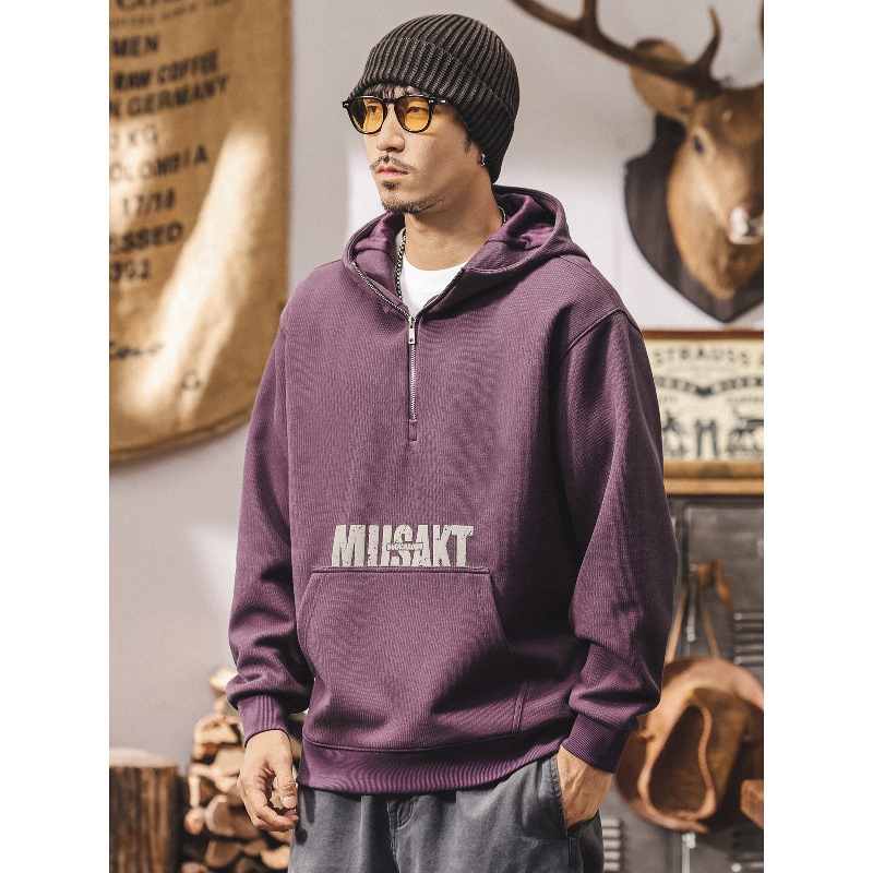 美式復古重磅半拉鍊衛衣男連帽春秋2025新款紫色潮流寬鬆外套秋季