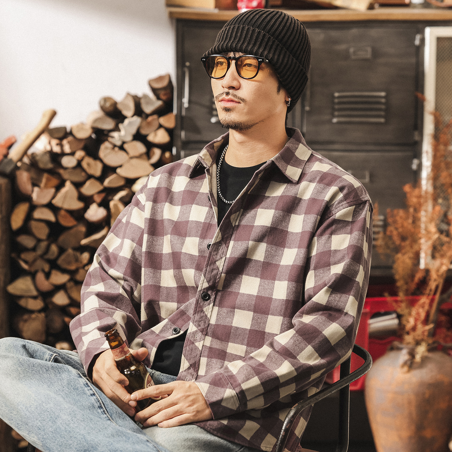 美式復古斜紋萊賽爾格子長袖襯衫男春秋新款寬鬆潮流紫色襯衣外套