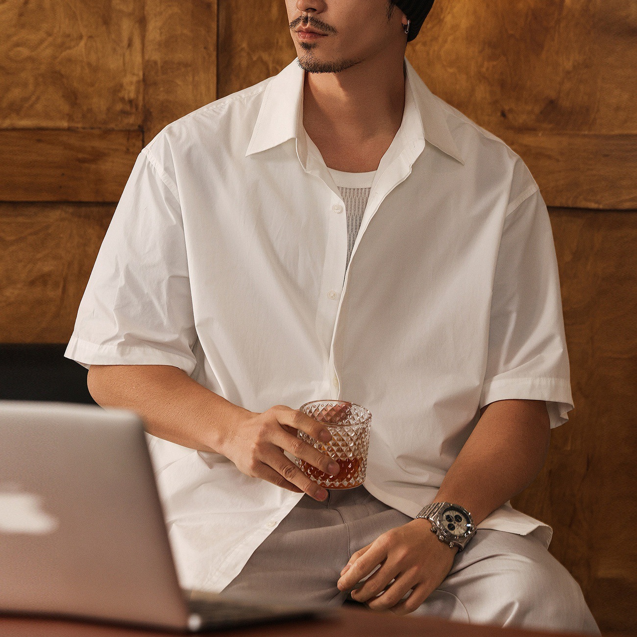 美式復古長絨棉極簡風短袖襯衫男夏季潮牌寬鬆商務休閒白色襯衣男