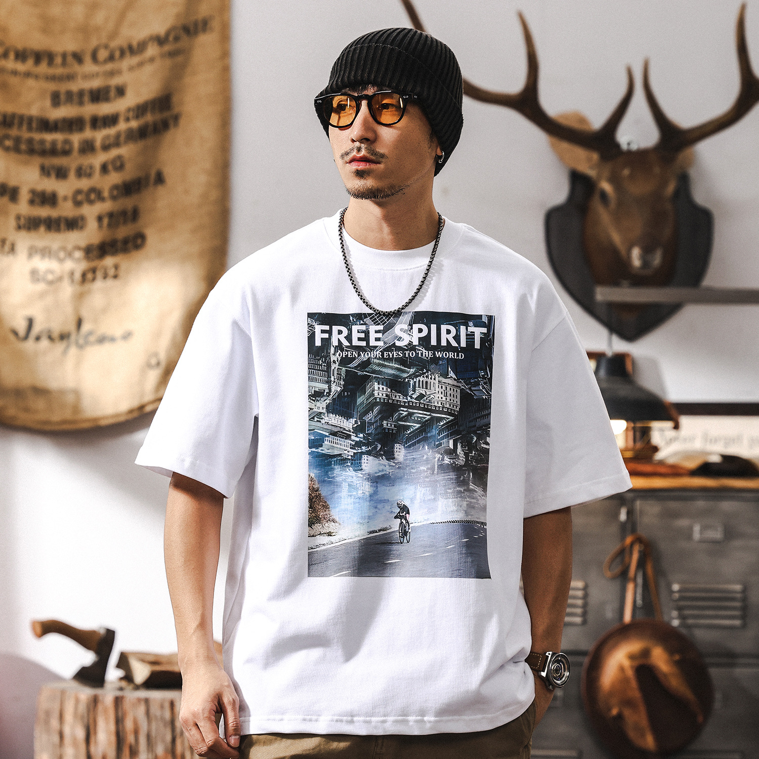 300g重磅T恤男短袖夏季2025新款潮流白墨直噴印花半袖上衣男