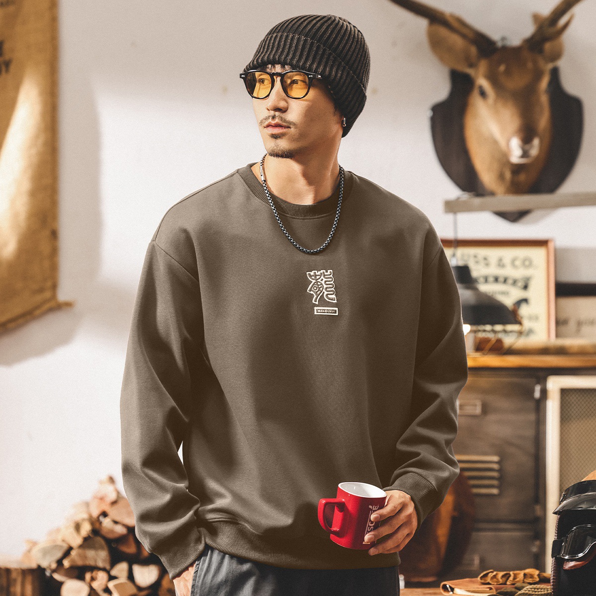 美式復古320g重磅衛衣男春秋新款2025潮牌寬鬆休閒長袖紅色上衣男