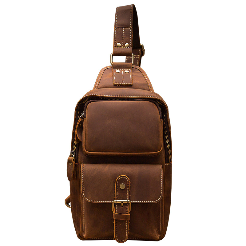 手工瘋馬皮男士胸包潮牌頭層牛皮單肩斜挎包真皮復古休閒戶外男包