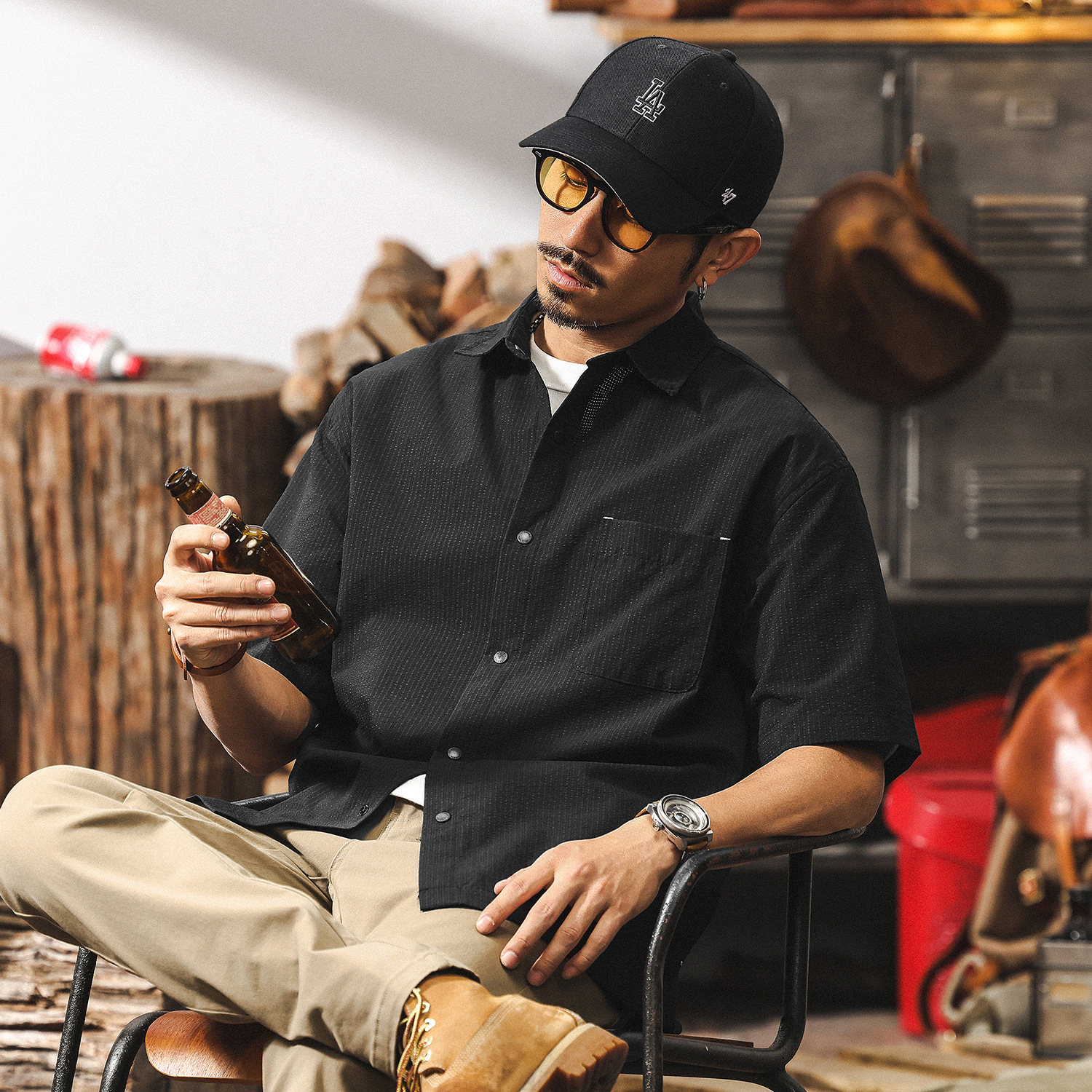 【零壓智能速幹】短袖男夏季涼感襯衫2025新款半截袖美式復古襯衣