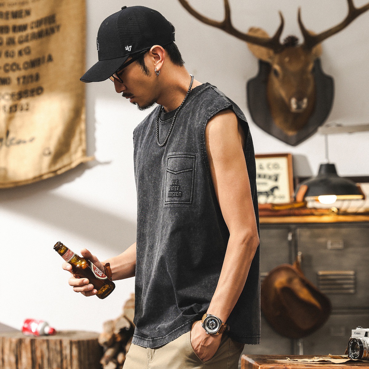 磨毛運動健身坎肩背心男款夏季2025新款潮牌寬鬆大碼男士上衣T恤