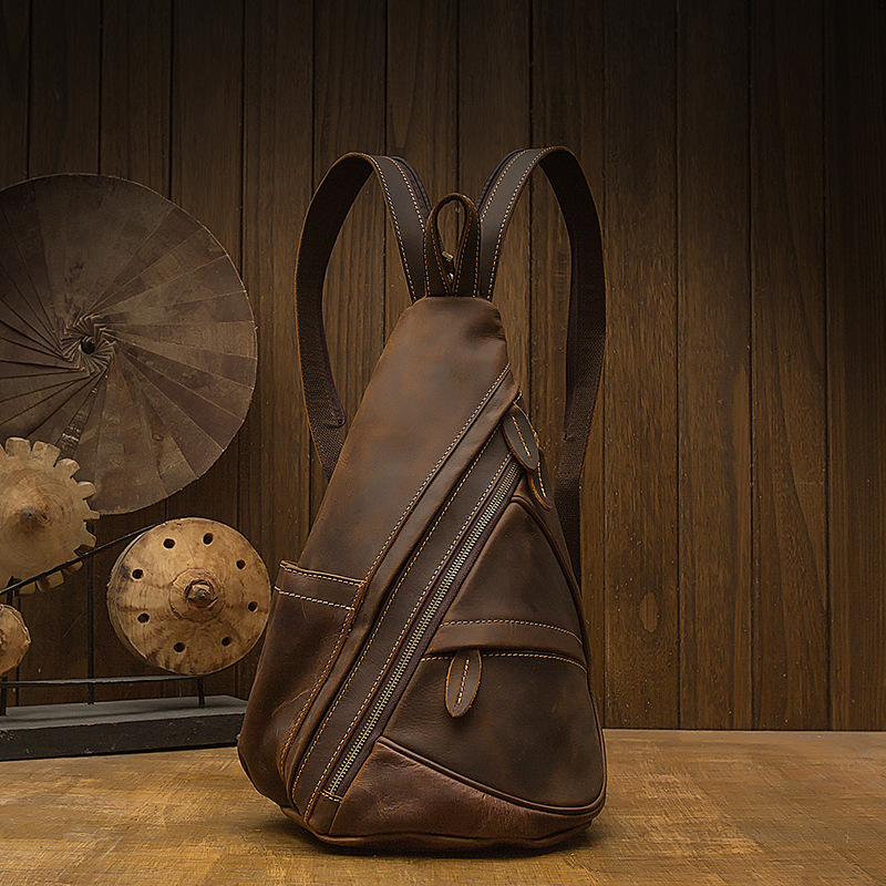 手工牛皮男士胸包潮大容量多功能斜挎包復古真皮雙肩背包休閒男包