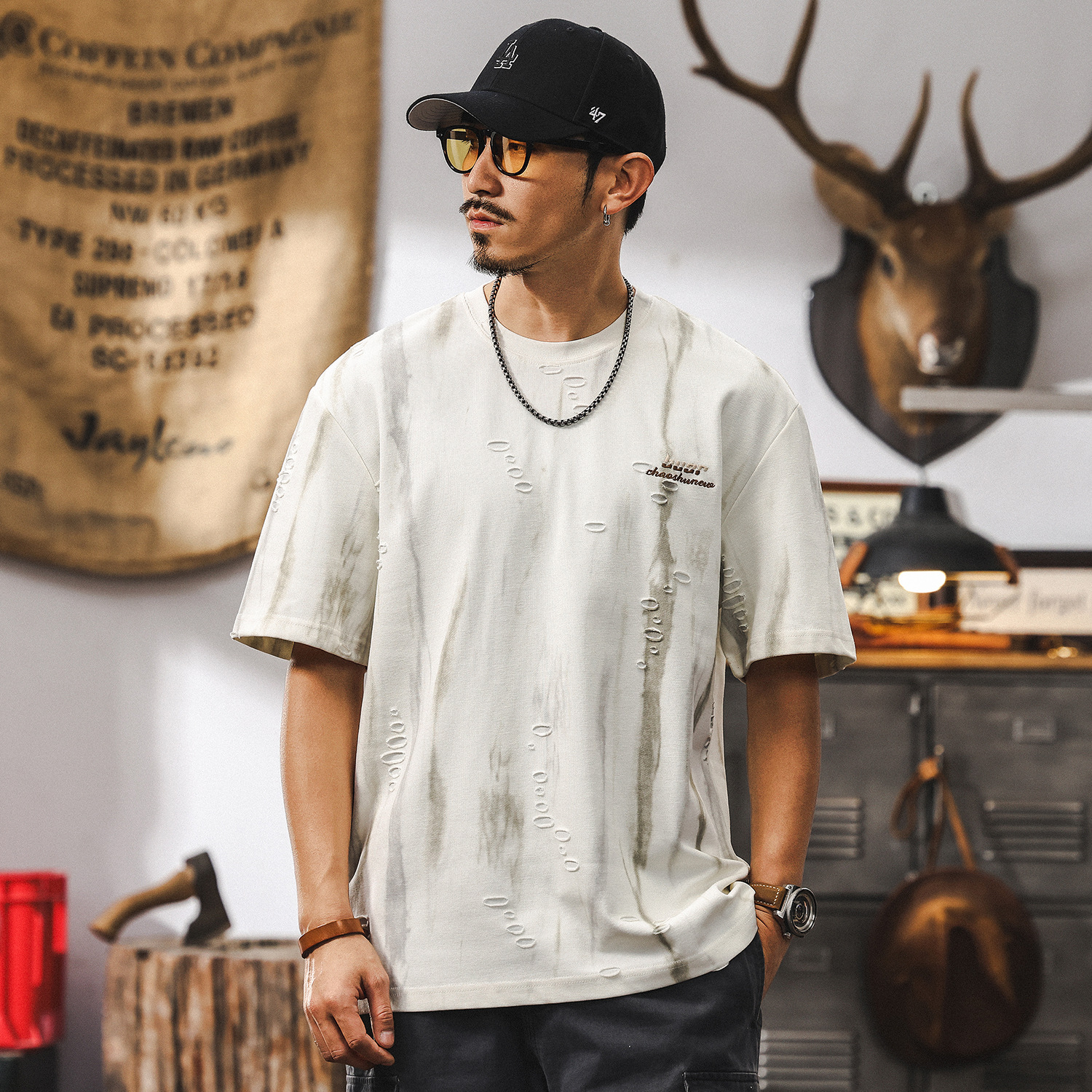 輕奢高級感夢幻雲染提花T恤男夏季短袖2025新款潮牌寬鬆美式上衣