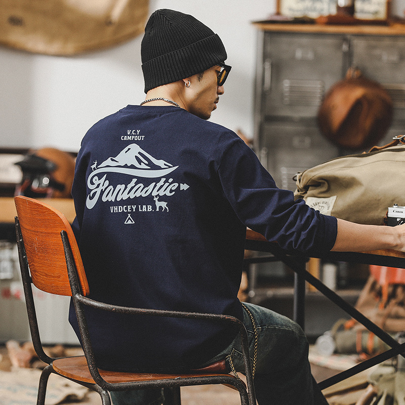 美式260g重磅長袖T恤男士2024新款戶外山系印花衣服男士上衣