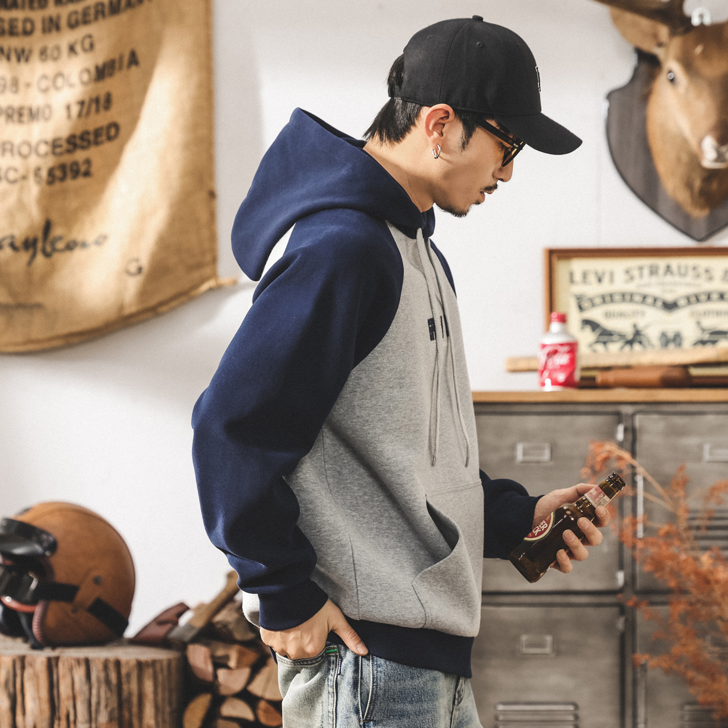 美式復古390g重磅衛衣男連帽刺繡山系潮牌拼接寬鬆休閒秋冬外套男