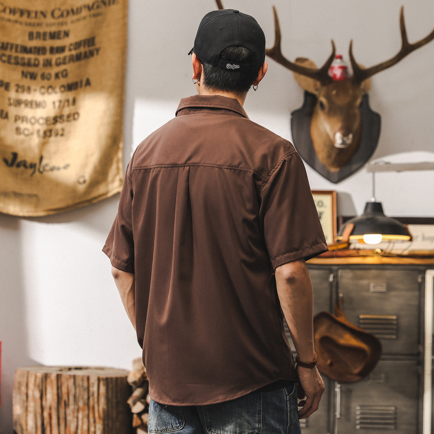 美拉德復古抗皺免燙莫代爾襯衫男款短袖夏季寬鬆垂感薄款男士襯衣